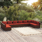 10-delige Loungeset met kussens poly rattan bruin Bruin en rood