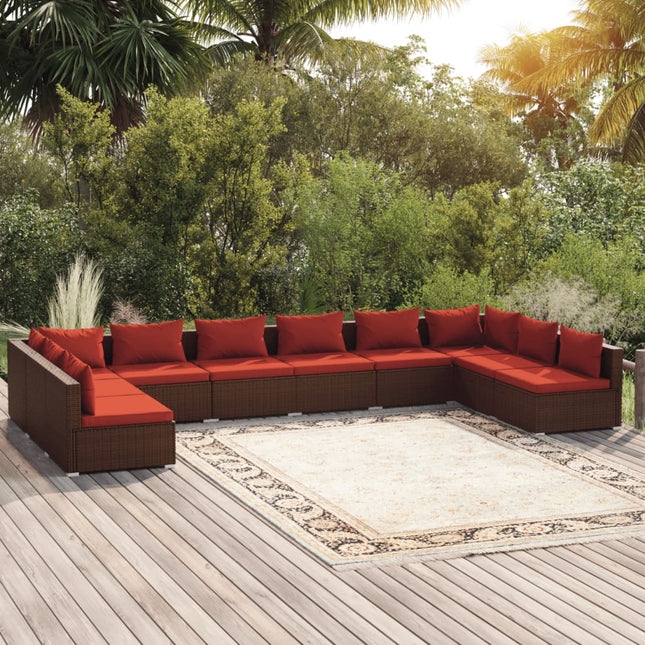 10-delige Loungeset met kussens poly rattan bruin Bruin en rood