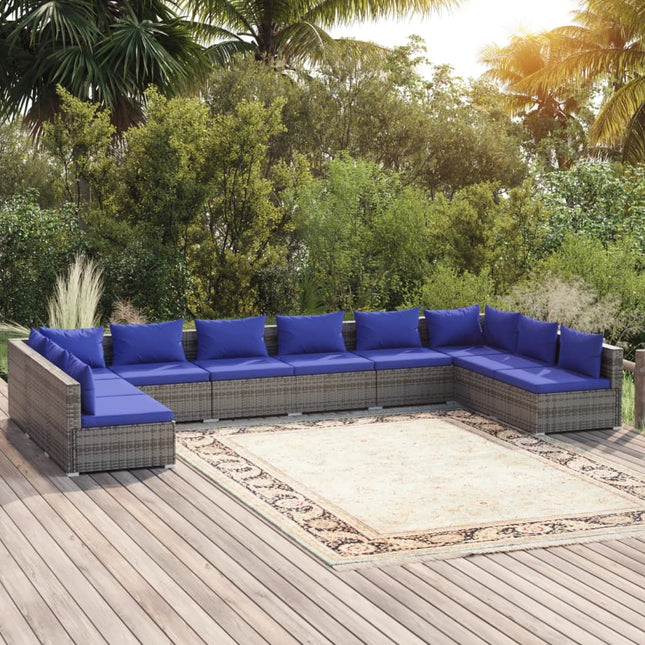 0-Delige Loungeset Met Kussens Poly Rattan Grijs En Donkerblauw 2x hoek + 8x midden