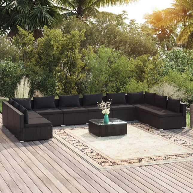 11-delige Loungeset met kussens poly rattan zwart Zwart