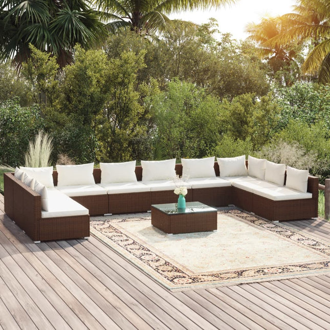 11-delige Loungeset met kussens poly rattan bruin 2x hoek + 8x midden + Tafel