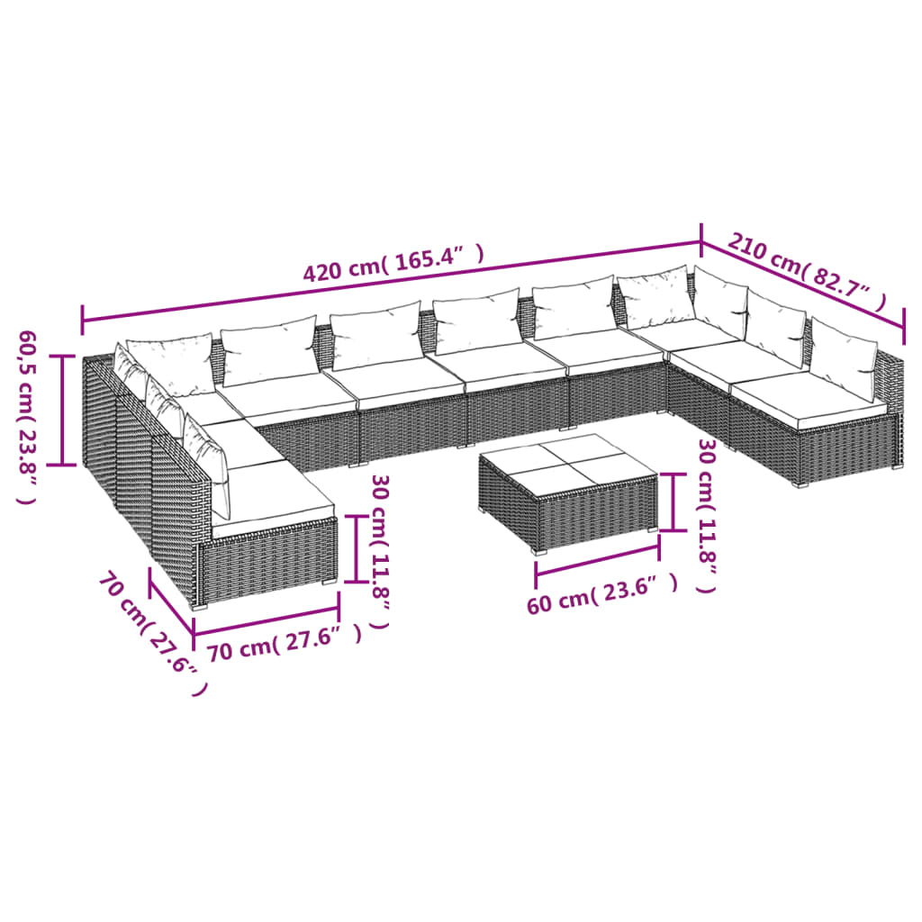 11-delige Loungeset met kussens poly rattan bruin
