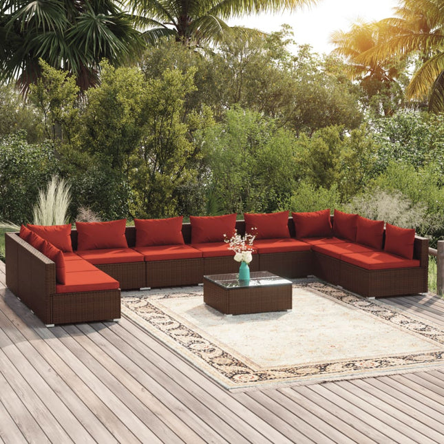 11-delige Loungeset met kussens poly rattan bruin 2x hoek + 8x midden + Tafel