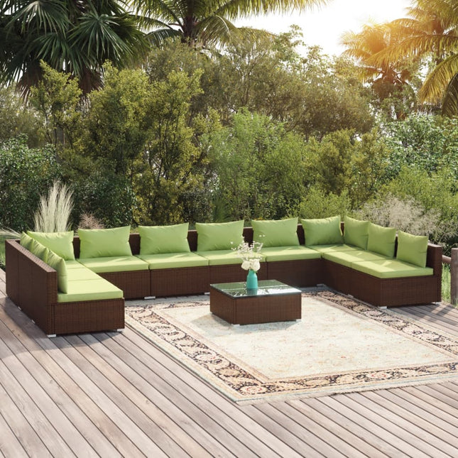 -Delige Loungeset Met Kussens Poly Rattan Bruin En Groen 2x hoek + 8x midden + Tafel