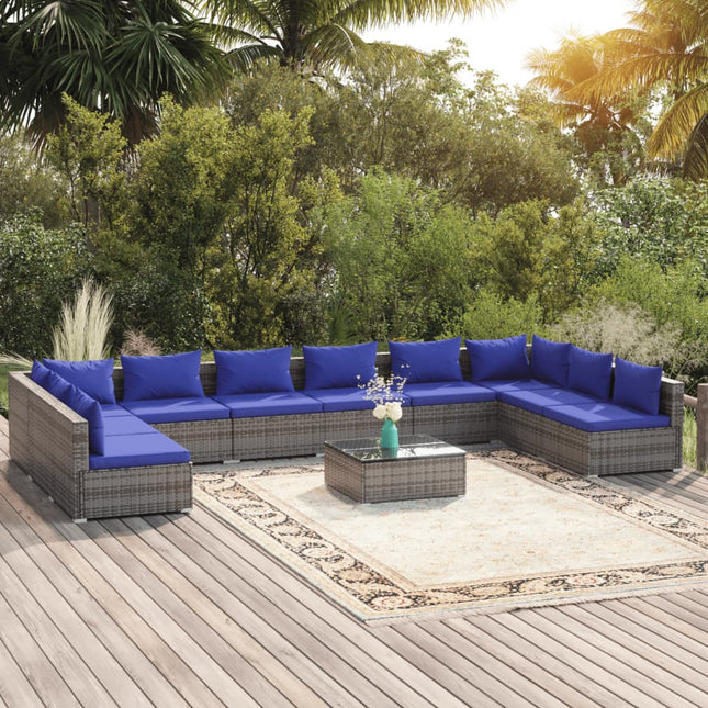 -Delige Loungeset Met Kussens Poly Rattan Grijs En Donkerblauw 2x hoek + 8x midden + Tafel