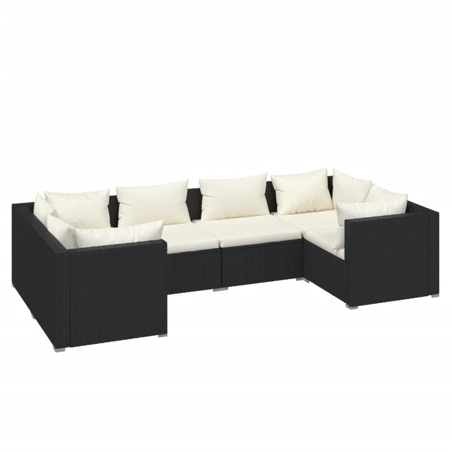 6-delige Loungeset met kussens poly rattan zwart 1 Zwart en crème