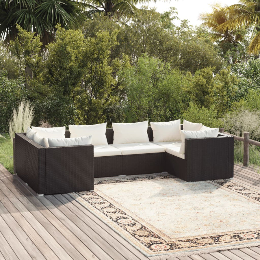 6-delige Loungeset met kussens poly rattan zwart 1 Zwart en crème