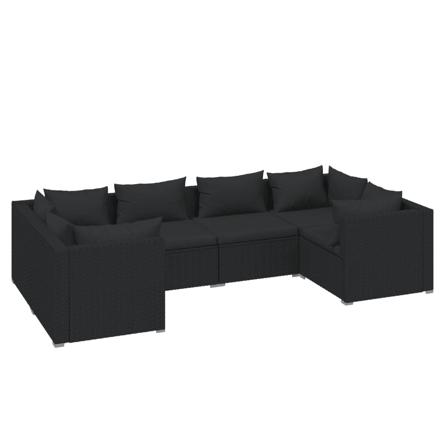 6-delige Loungeset met kussens poly rattan zwart 1 Zwart