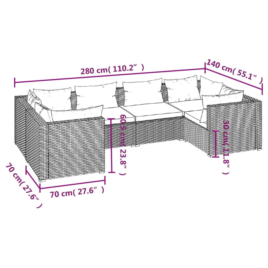 6-delige Loungeset met kussens poly rattan zwart 1 Zwart