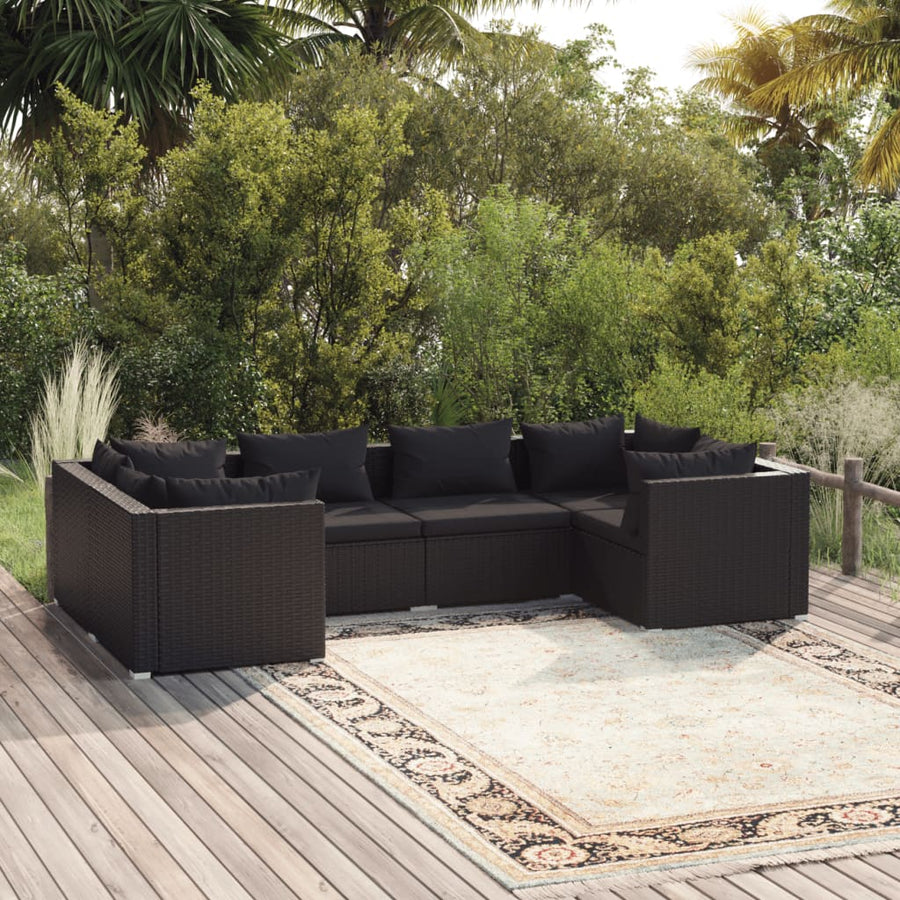 6-delige Loungeset met kussens poly rattan zwart 1 Zwart