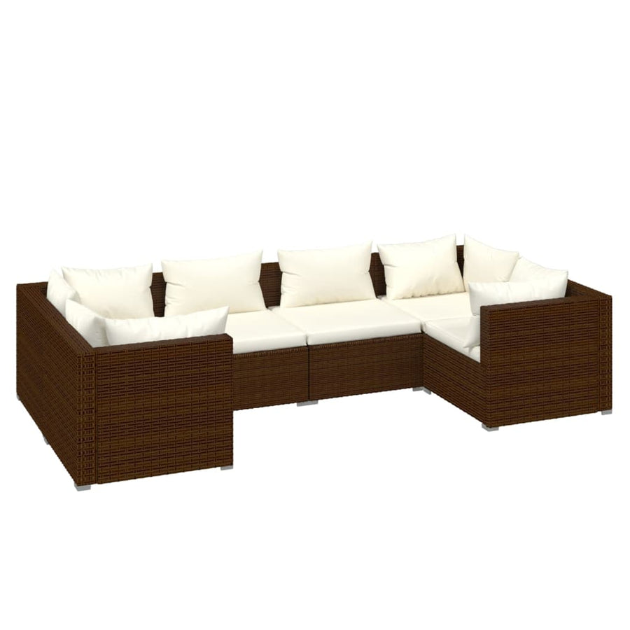 6-delige Loungeset met kussens poly rattan bruin 4x hoek + 2x midden