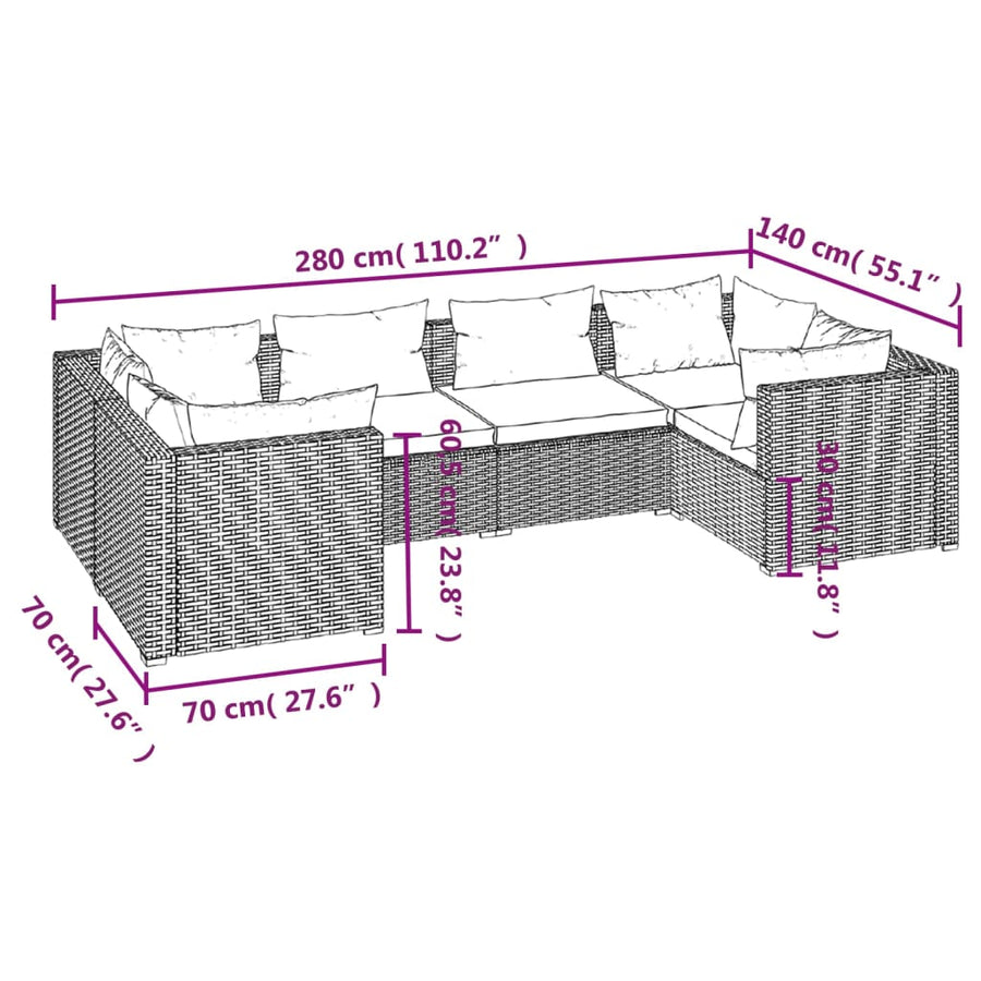 6-delige Loungeset met kussens poly rattan bruin 4x hoek + 2x midden