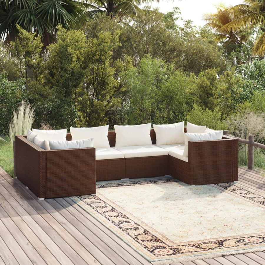 6-delige Loungeset met kussens poly rattan bruin 4x hoek + 2x midden