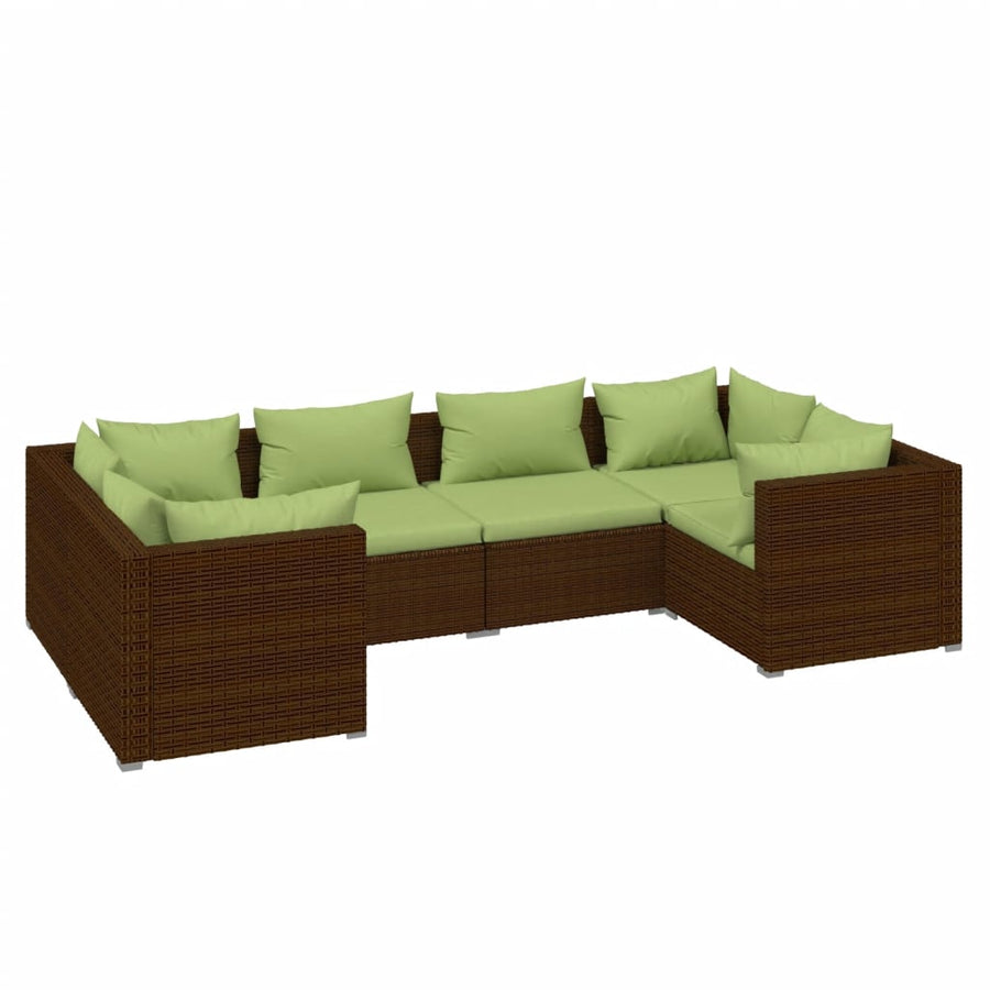 6-Delige Loungeset Met Kussens Poly Rattan Bruin En Groen 4x hoek + 2x midden