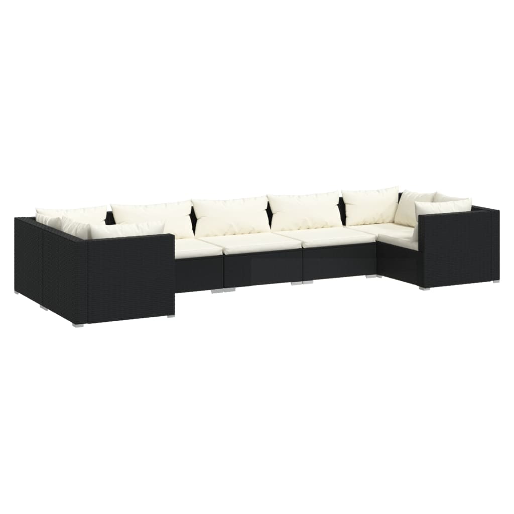 7-delige Loungeset met kussens poly rattan zwart