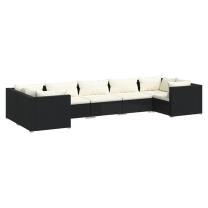 7-delige Loungeset met kussens poly rattan zwart
