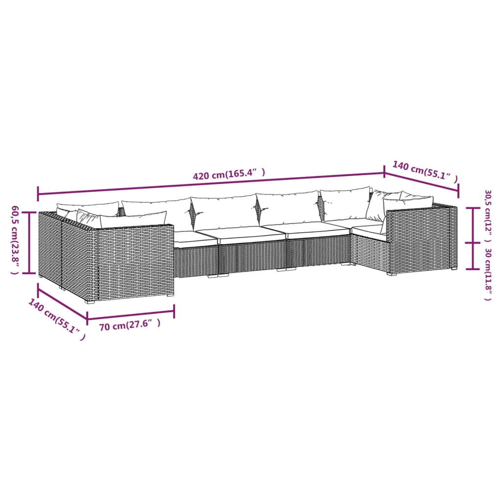 7-delige Loungeset met kussens poly rattan zwart