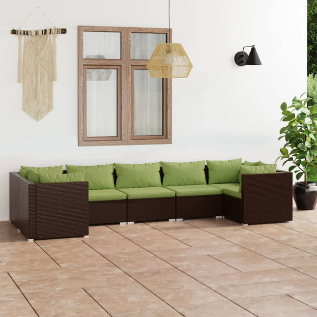 7-Delige Loungeset Met Kussens Poly Rattan Bruin En Groen 4x hoek + 3x midden