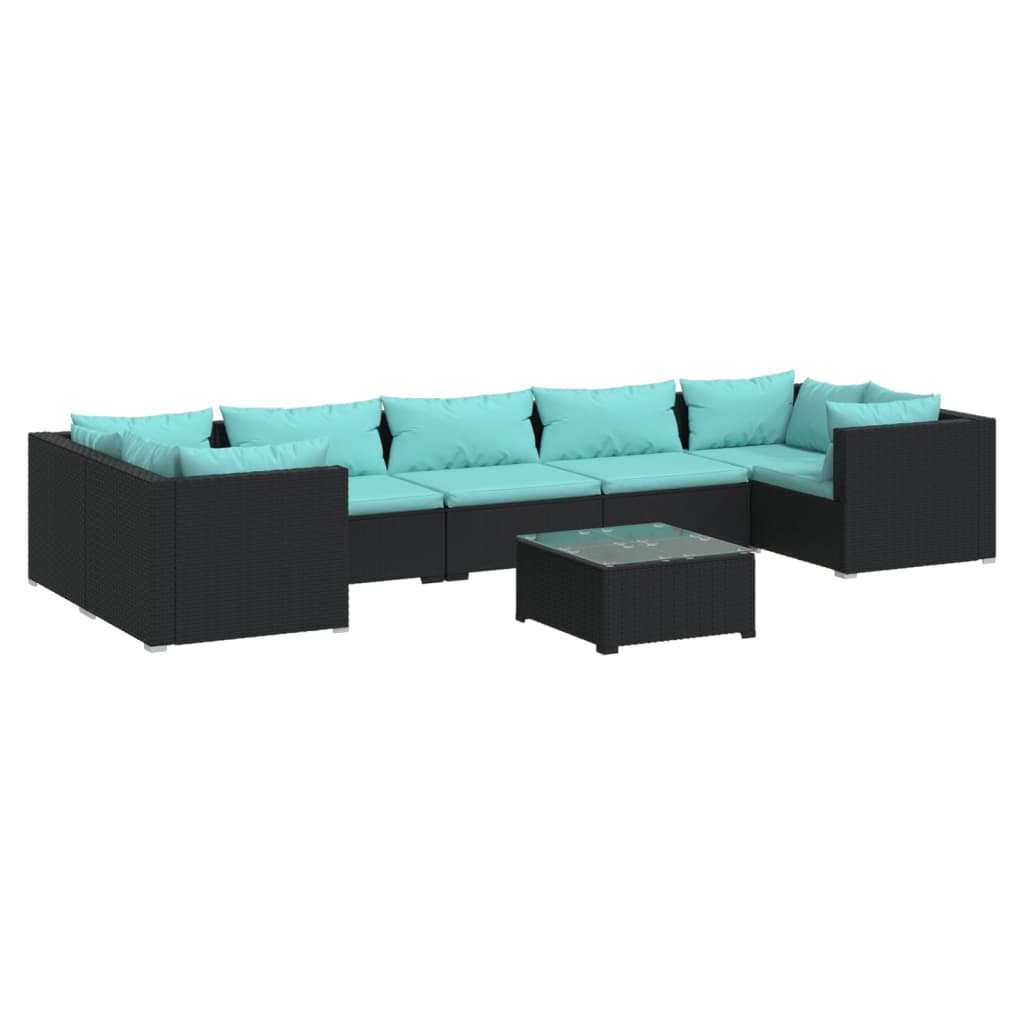 8-Delige Loungeset Met Kussens Poly Rattan Zwart En Blauw 4x hoek + 3x midden + Tafel