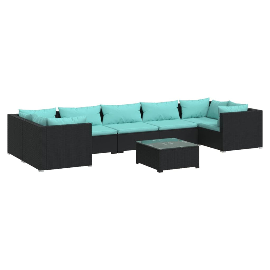 8-Delige Loungeset Met Kussens Poly Rattan Zwart En Blauw 4x hoek + 3x midden + Tafel