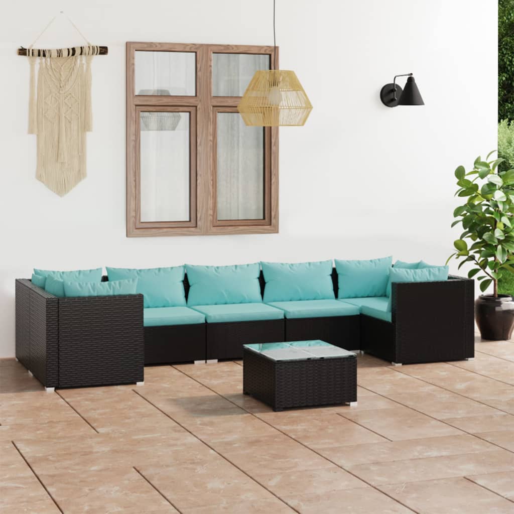 8-Delige Loungeset Met Kussens Poly Rattan Zwart En Blauw 4x hoek + 3x midden + Tafel