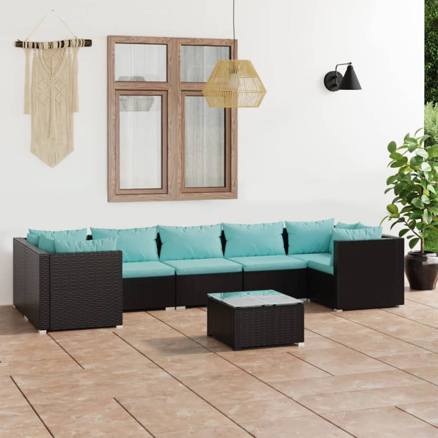 8-Delige Loungeset Met Kussens Poly Rattan Zwart En Blauw 4x hoek + 3x midden + Tafel