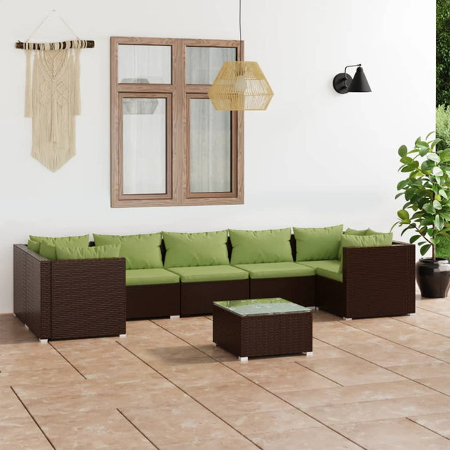 8-Delige Loungeset Met Kussens Poly Rattan Bruin En Groen 4x hoek + 3x midden + Tafel