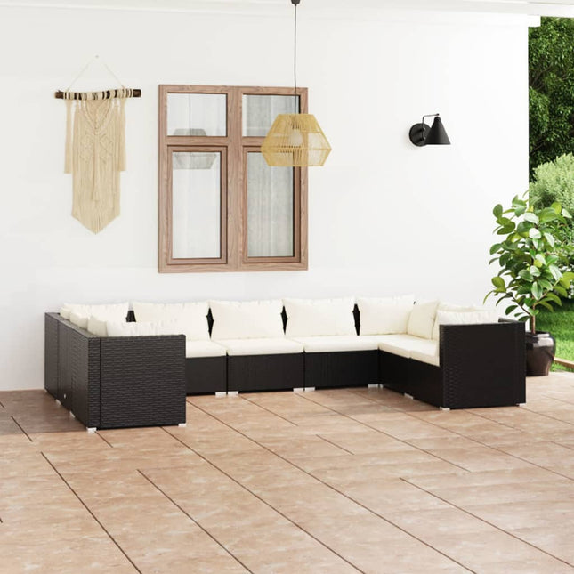 9-delige Loungeset met kussens poly rattan zwart 4x hoek + 5x midden