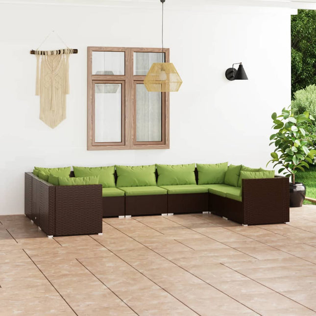 9-Delige Loungeset Met Kussens Poly Rattan Bruin En Groen 4x hoek + 5x midden