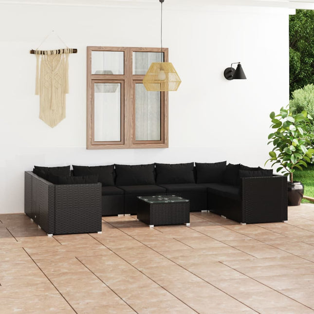 0-Delige Loungeset Met Kussens Poly Rattan Zwart 4x hoek + 5x midden + Tafel