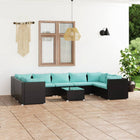 0-Delige Loungeset Met Kussens Poly Rattan Zwart En Blauw 4x hoek + 5x midden + Tafel