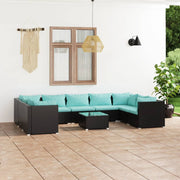 Loungeset 10-delig poly rattan zwart met kussens