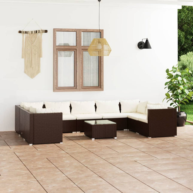 10-delige Loungeset met kussens poly rattan bruin 4x hoek + 5x midden + Tafel