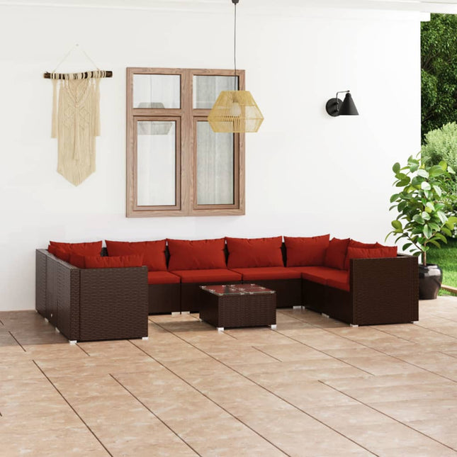 10-delige Loungeset met kussens poly rattan bruin 4x hoek + 5x midden + Tafel