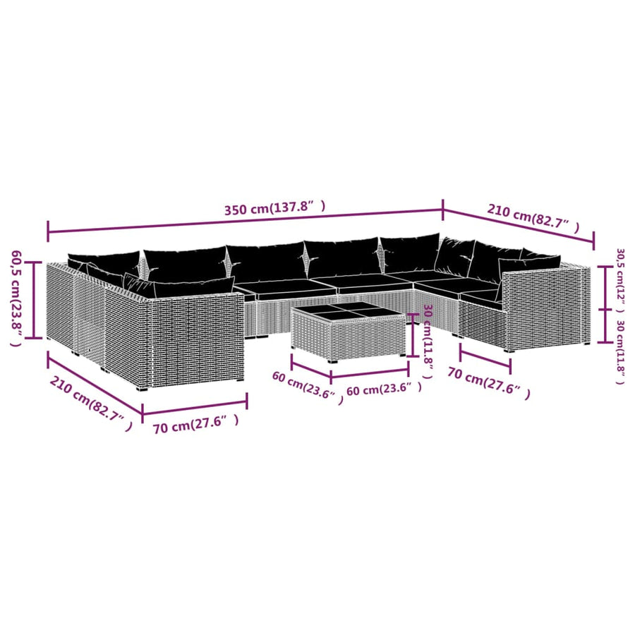10-delige Loungeset met kussens poly rattan bruin