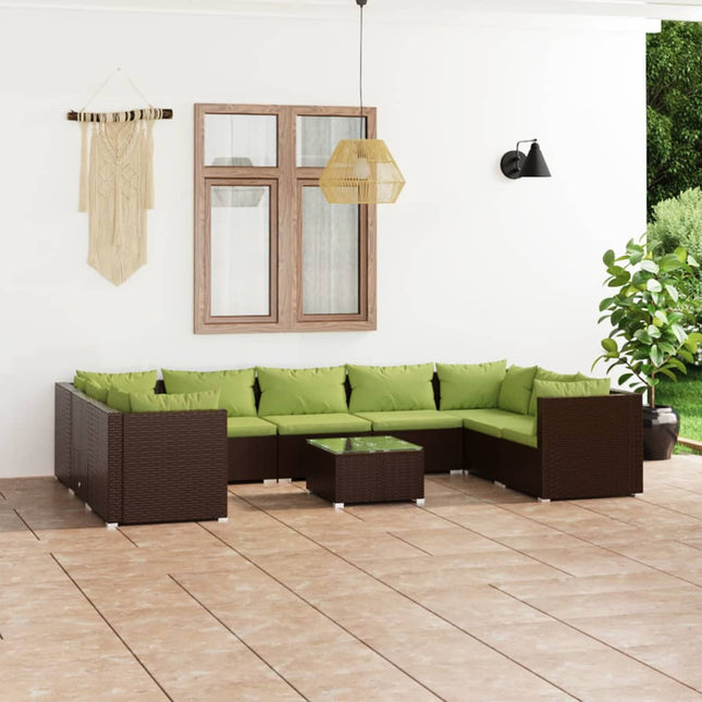 0-Delige Loungeset Met Kussens Poly Rattan Bruin En Groen 4x hoek + 5x midden + Tafel