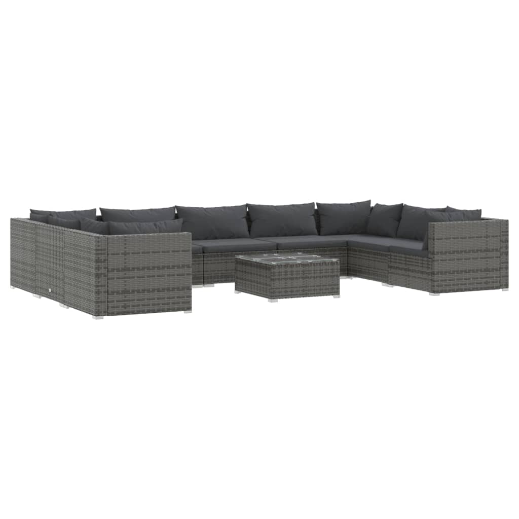10-delige Loungeset met kussens poly rattan grijs
