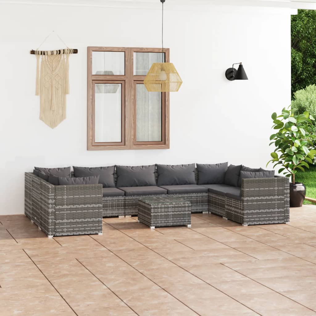 10-delige Loungeset met kussens poly rattan grijs