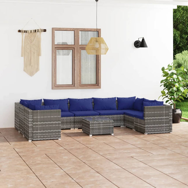 0-Delige Loungeset Met Kussens Poly Rattan Grijs En Donkerblauw 4x hoek + 5x midden + Tafel