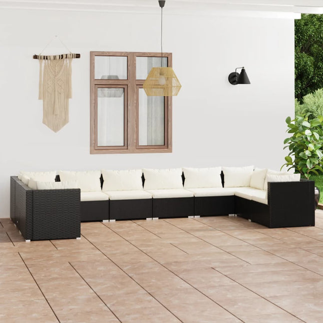 10-delige Loungeset met kussens poly rattan zwart Zwart en crème