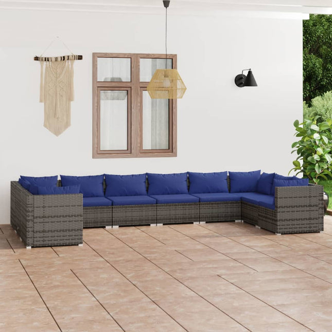 0-Delige Loungeset Met Kussens Poly Rattan Grijs En Donkerblauw 4x hoek + 6x midden