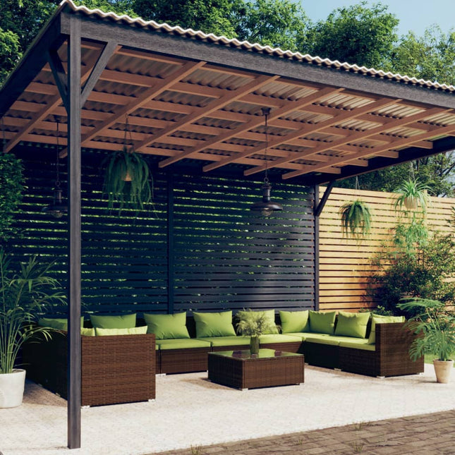 -Delige Loungeset Met Kussens Poly Rattan Bruin En Groen 4x hoek + 6x midden + Tafel