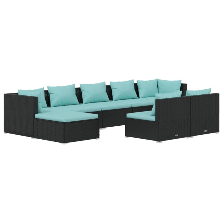 9-Delige Loungeset Met Kussens Poly Rattan Zwart En Waterblauw 2x hoek + 5x midden + 2x voetensteun