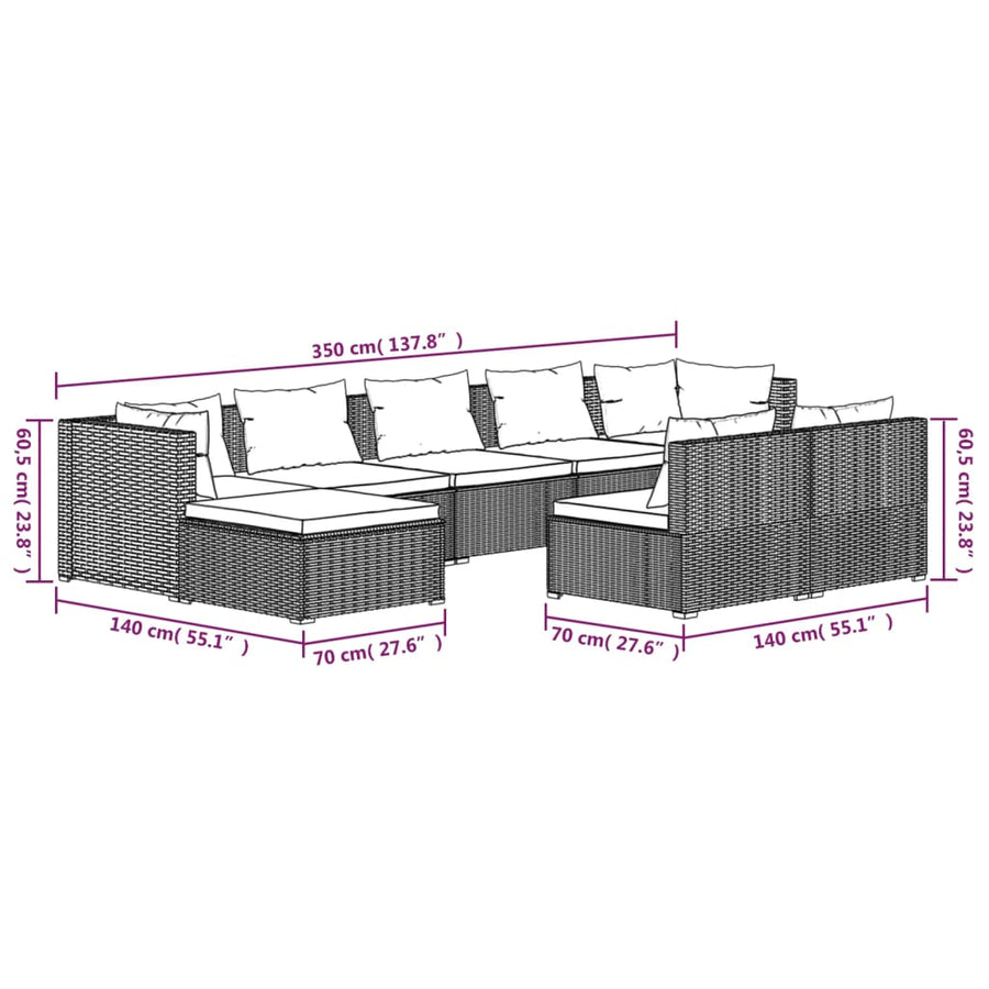 9-Delige Loungeset Met Kussens Poly Rattan Zwart En Waterblauw 2x hoek + 5x midden + 2x voetensteun