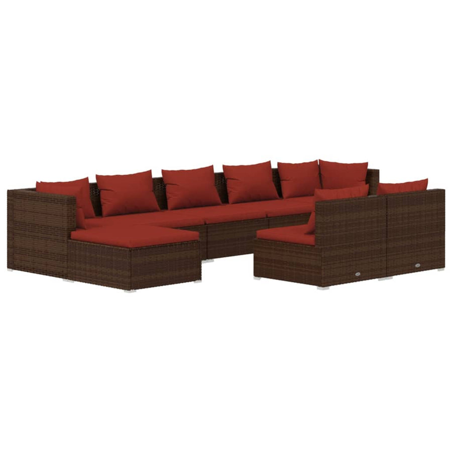 9-delige Loungeset met kussens poly rattan bruin 2x hoek + 5x midden + 2x voetensteun