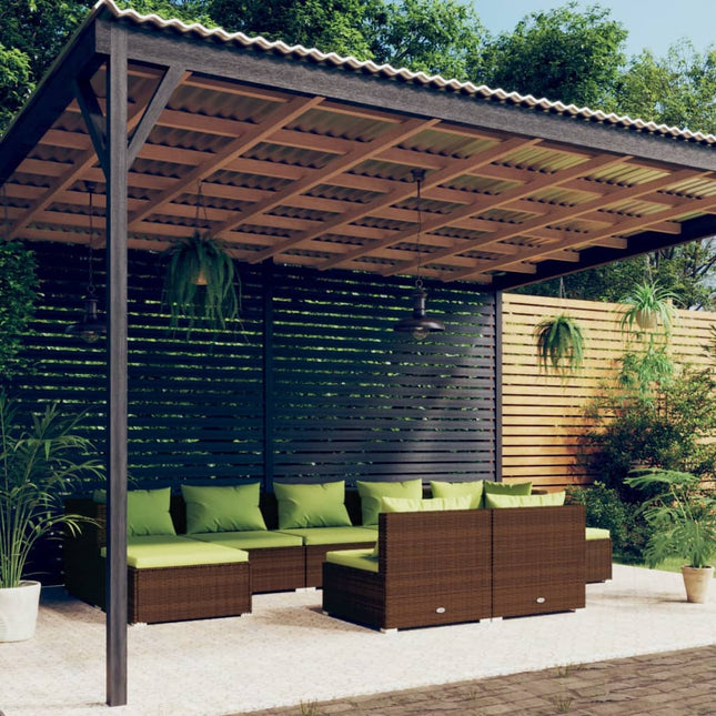 9-delige Loungeset met kussens poly rattan bruin 1 Bruin en groen