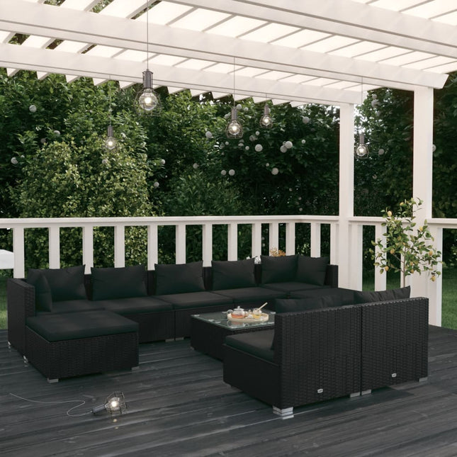 10-delige Loungeset met kussens poly rattan zwart 2x hoek + 5x midden + 2x voetensteun + Tafel