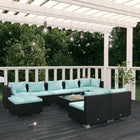 0-Delige Loungeset Met Kussens Poly Rattan Zwart En Waterblauw 2x hoek + 5x midden + 2x voetensteun + Tafel