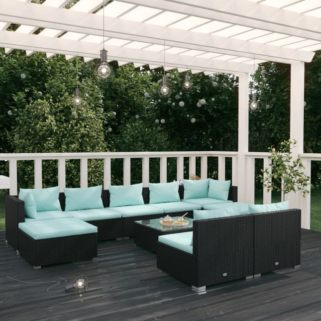 0-Delige Loungeset Met Kussens Poly Rattan Zwart En Waterblauw 2x hoek + 5x midden + 2x voetensteun + Tafel