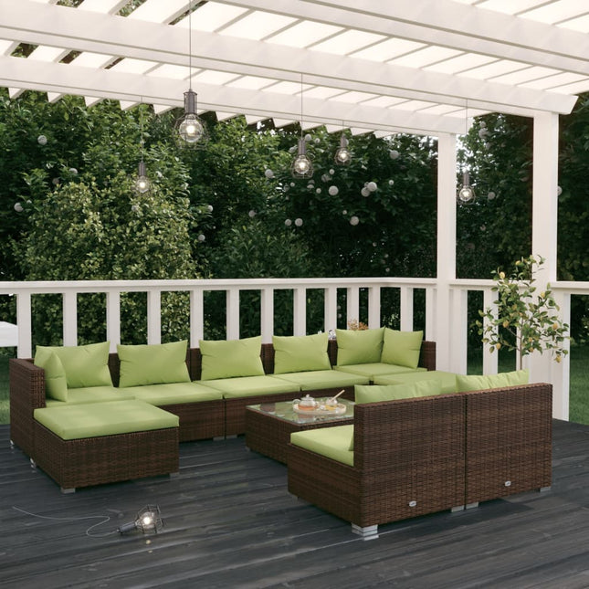 10-delige Loungeset met kussens poly rattan bruin Bruin en groen